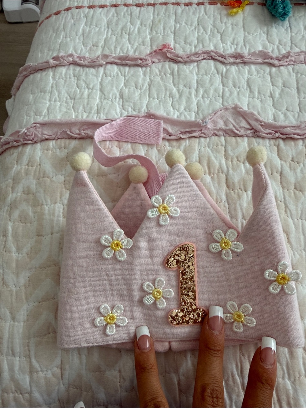 Amazon Pink Baby Crown Headband with Gold Glitter '1' and White Daisy Embroidery
